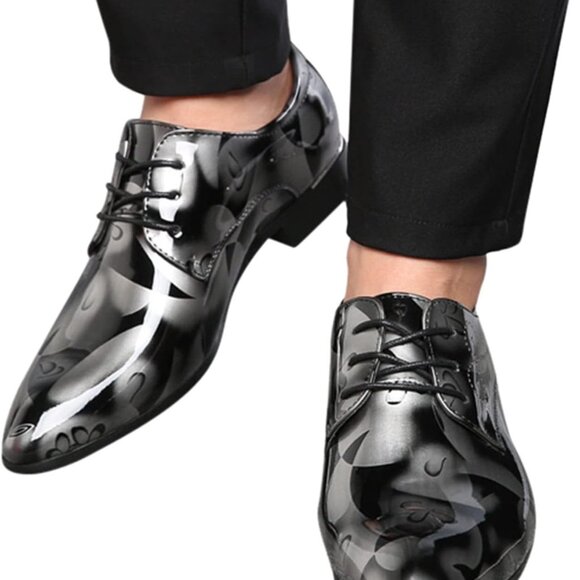 Santimon Mens US 9.5, 12 Grey Floral Patent Leather Pointed Toe Oxford Shoes - Picture 7 of 8